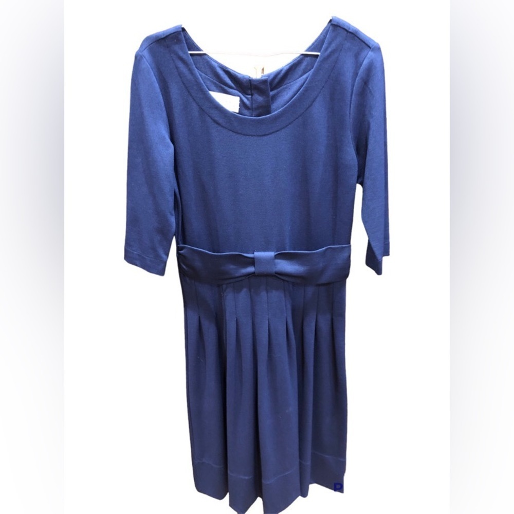 Sara Campbell Scoop Neck Ribbon Belt 3/4 Sleeve Pleated Skirt Modest Dress Sz S